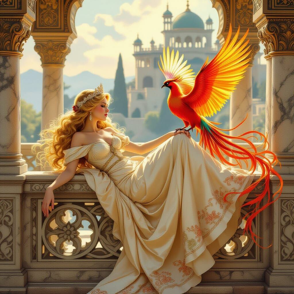 Princess and Phoenix in Art Nouveau Style