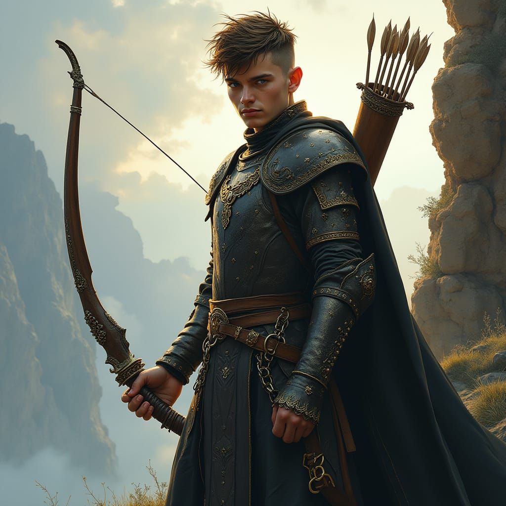 Half Elf Archer Radiates Power on Windswept Cliff