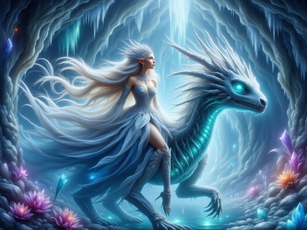 Elven Princess on Bone Dragon in Crystal Cave
