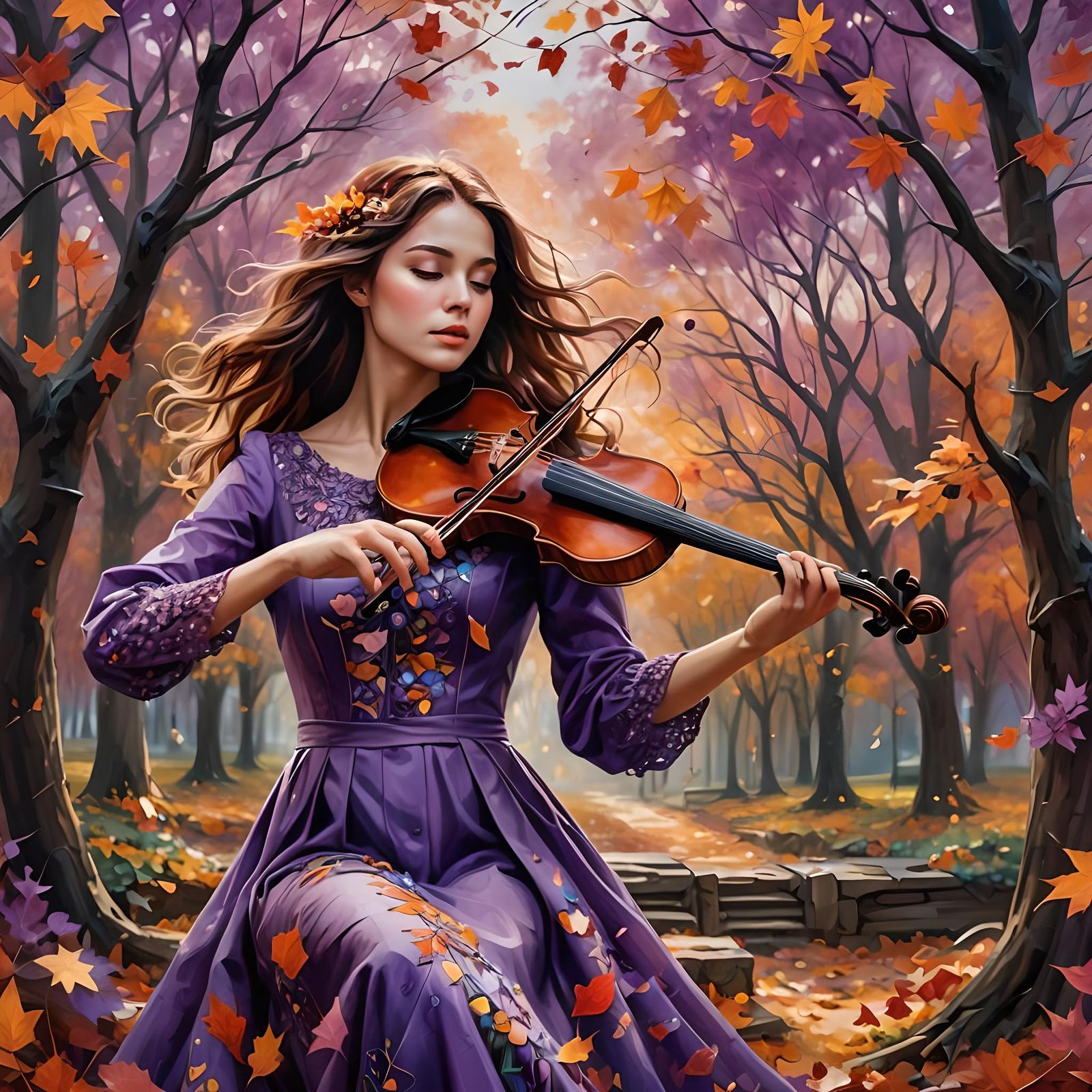 Woman Plays Violin Amidst Autumn Leaves in Ultra HDR