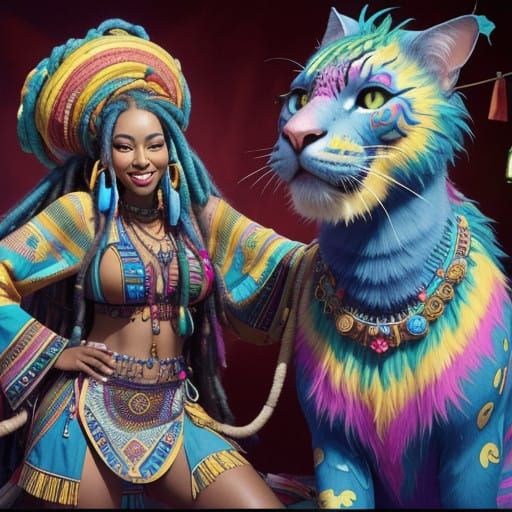 Garden Goddess Smokes Hookah with Whimsical Feline Friends