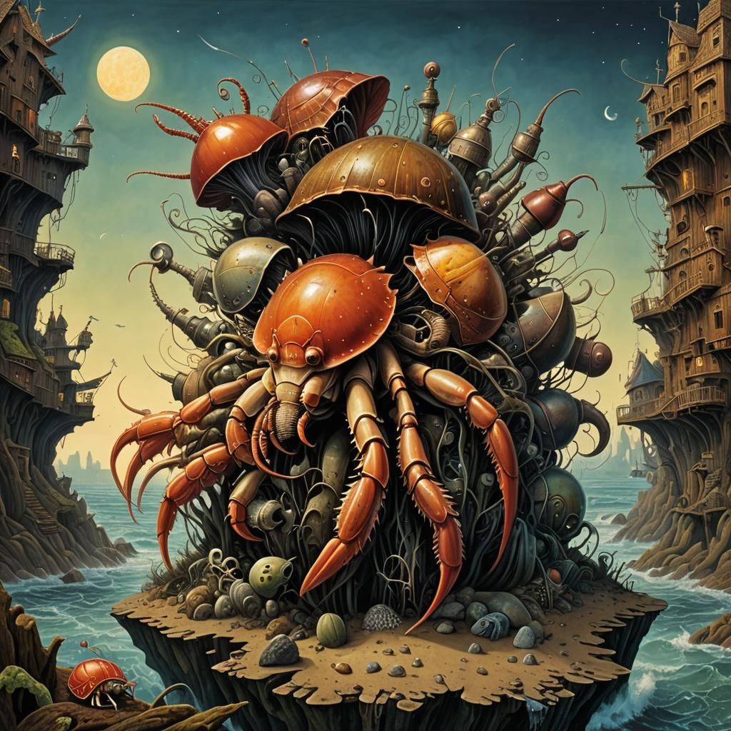 Surreal Hermit Crab Brainscape in Yerka-Sienkiewicz Style