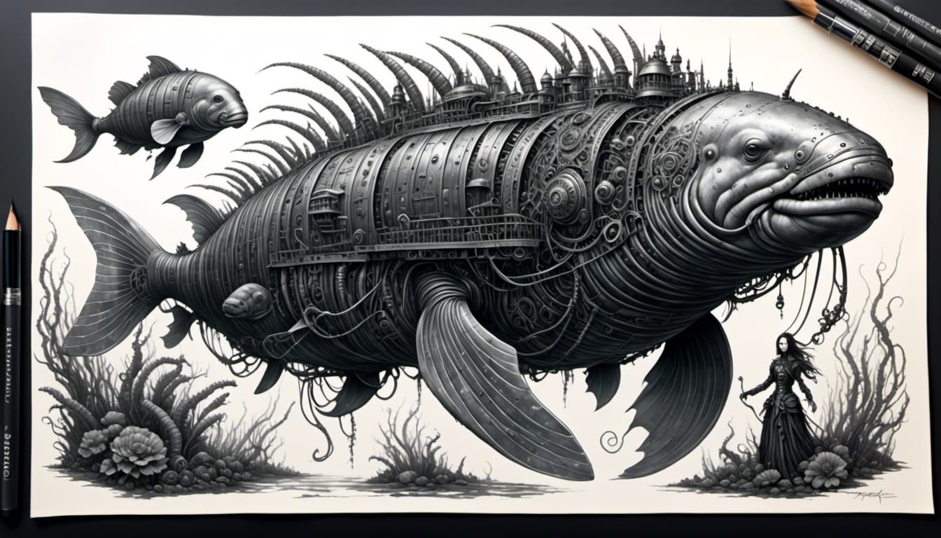 Cyberpunk Girl with Manatees in Ink and Charcoal