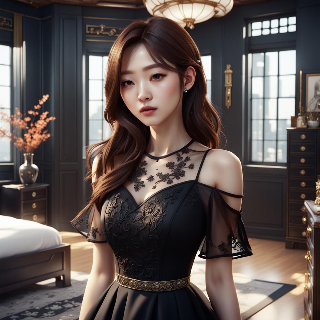Beautiful Korean Girl in Modern Bedroom: Digital Painting