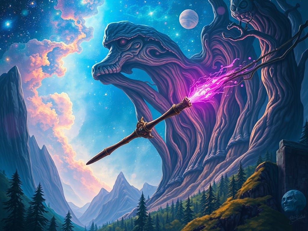 Mystical Wizard Wand Amidst Cosmic Galaxy Forest Landscape