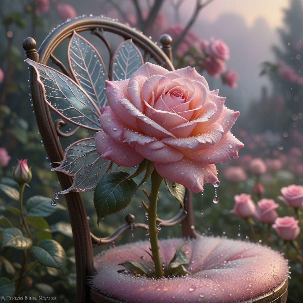Ethereal Pink Rose Macro with Tiny Fairy Chair
