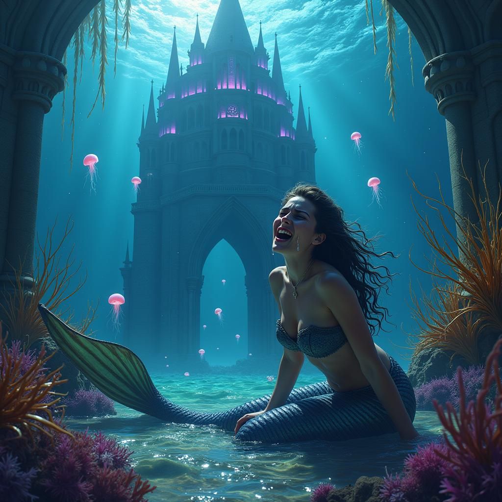 Mermaid's Terror and Laughter in a Neon Underwater World