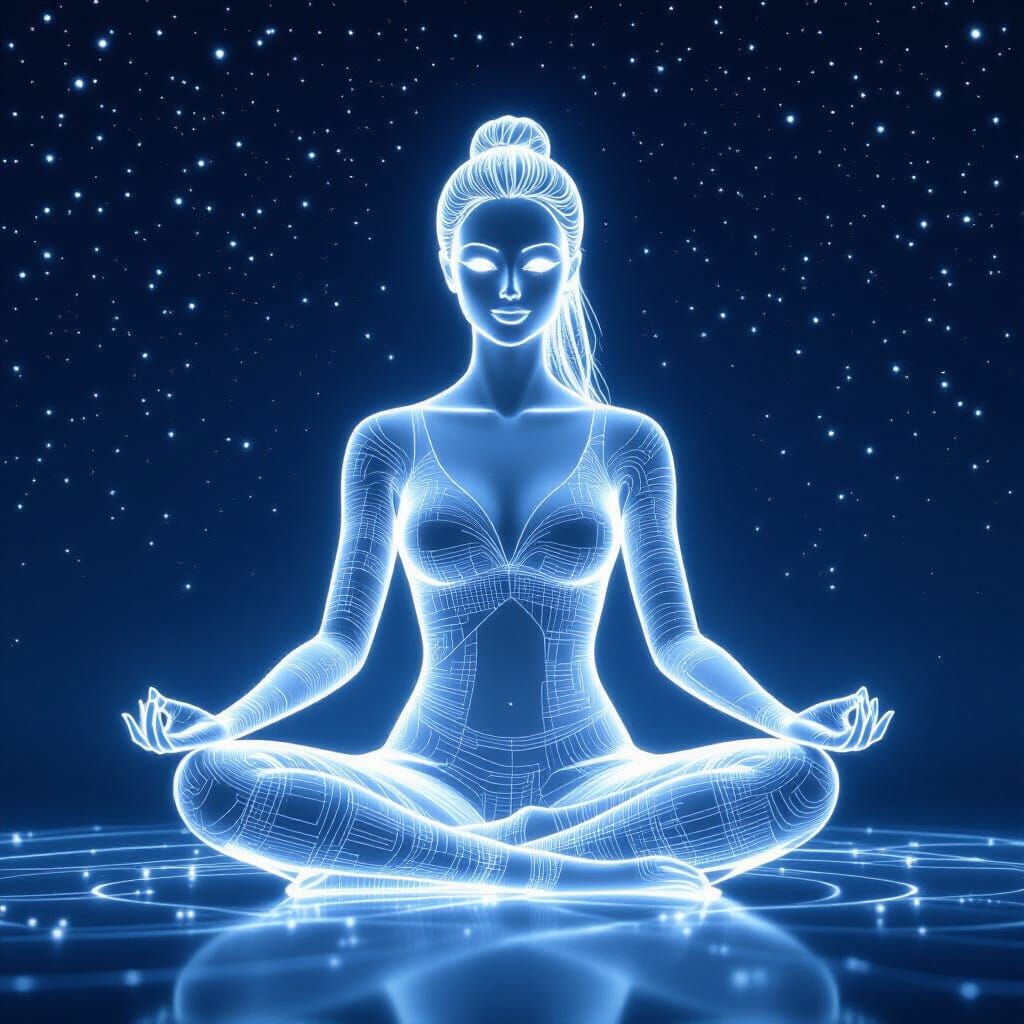 Holographic AI Woman in Lotus Pose Against Starry Sky