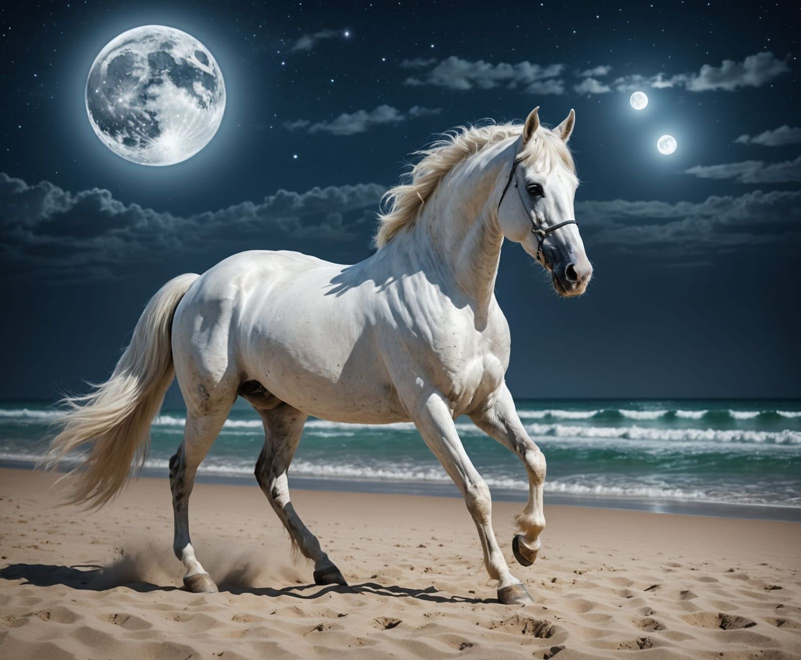White Arabian Stallion on Tropical Beach in Moonlight