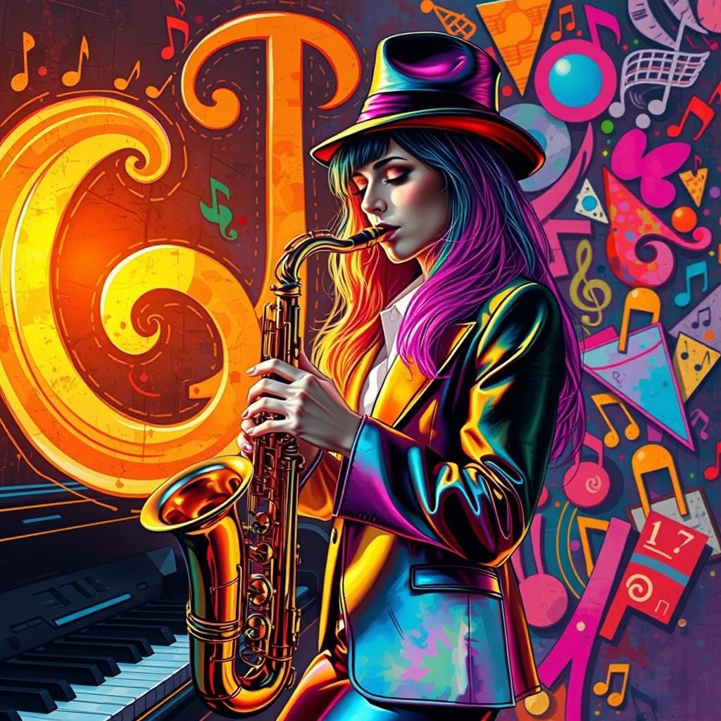 Rainbow Haired Woman in Jazz Scene, Matisse Style