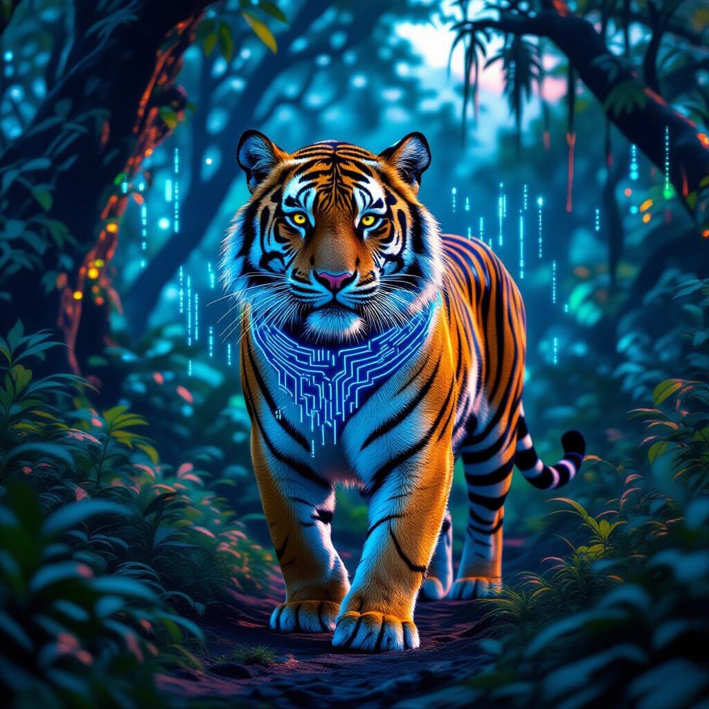 Bengal Tiger in Bioluminescent Jungle with Digital Circuitry