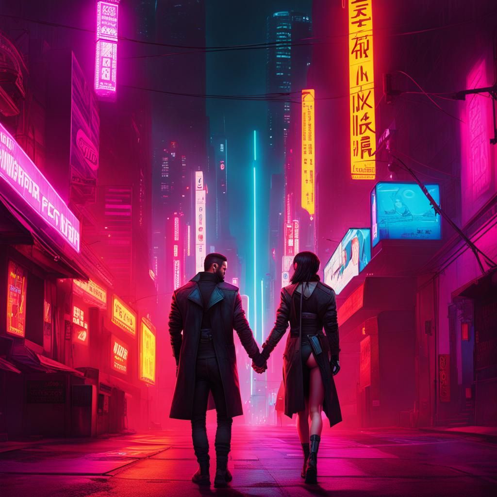 Lovers Holding Hands in Cyberpunk Downtown