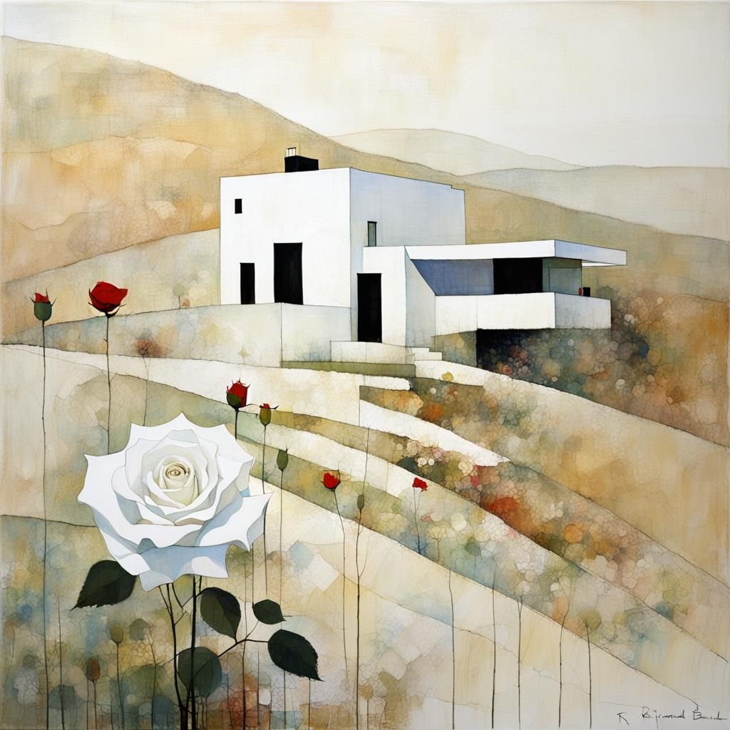 Minimalist Surreal House with White Rose Illustration
