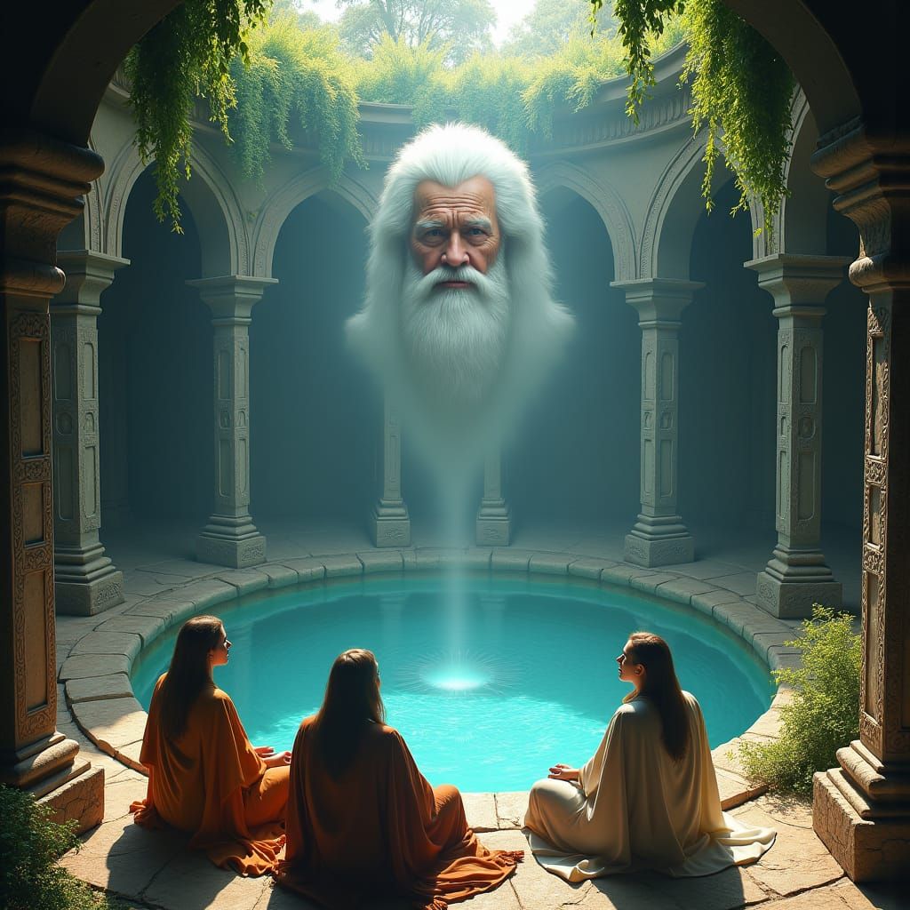 Mystical Pool Scene with Glowing Face