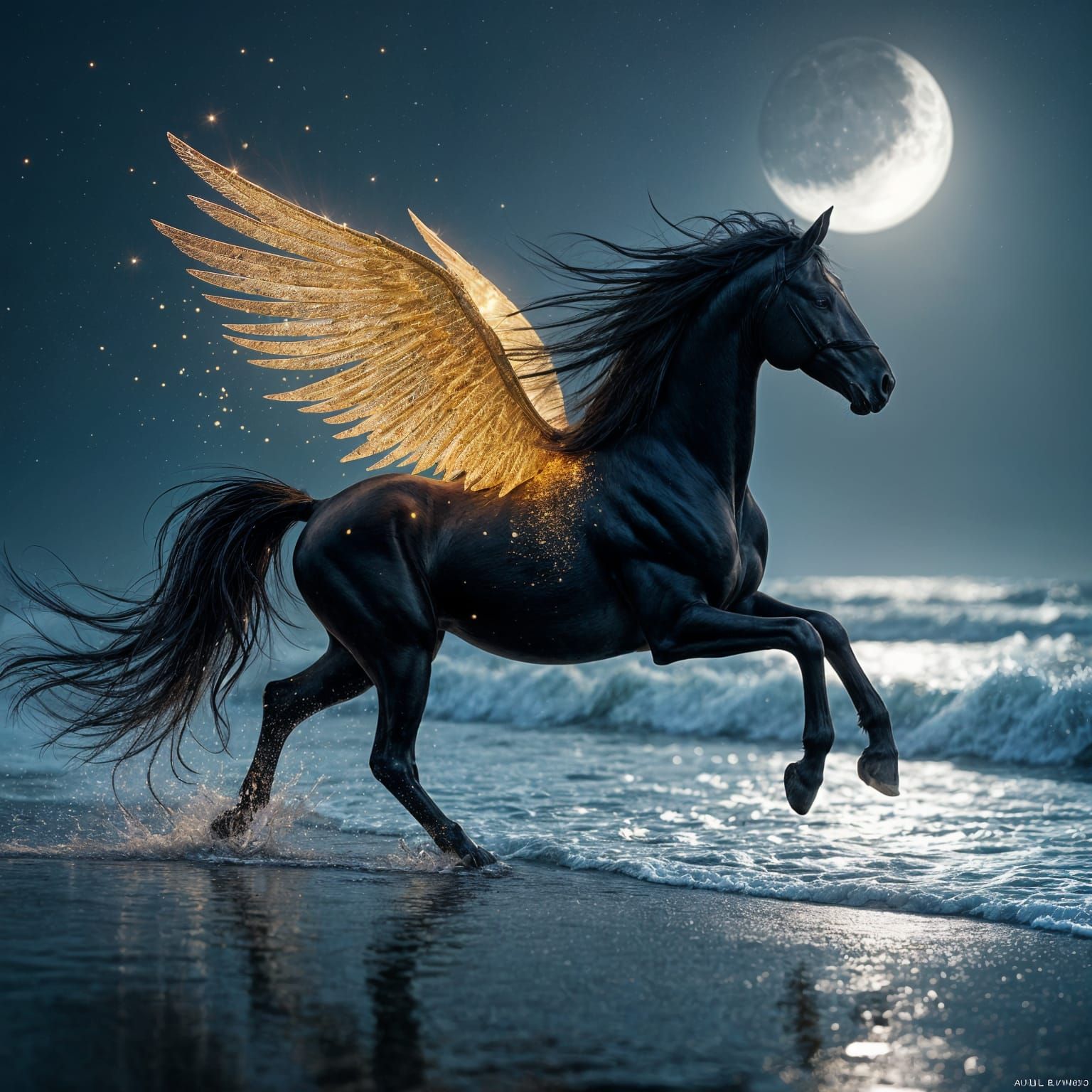 Winged Black Horse Galloping on Moonlit Beach