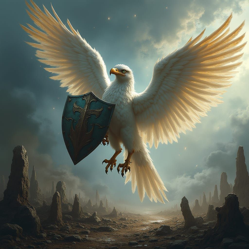 Regal Griffin Soars Through Stormy Skies Above a Forgotten B...