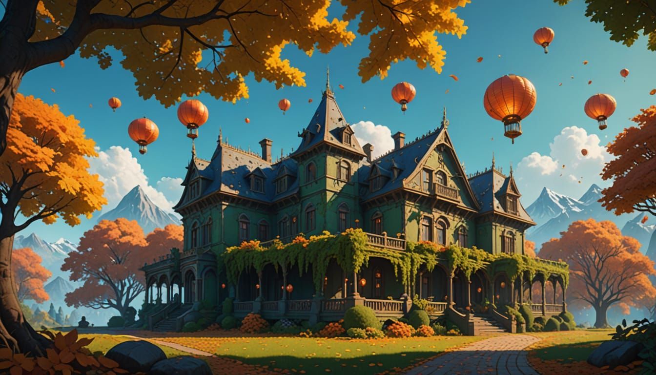 Ethereal Fantasy Villa Amidst Whimsical Mountains and Zeppel...