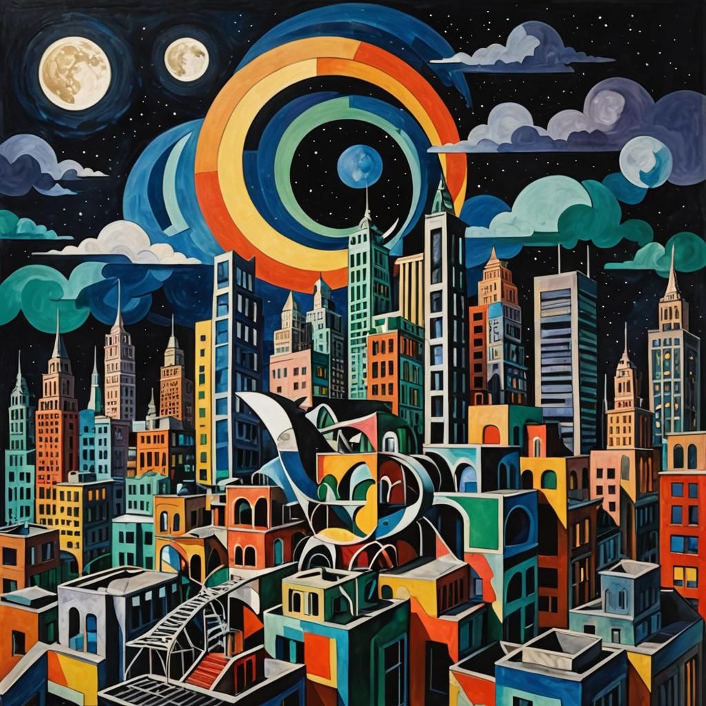 cityscape, late night (abstract:1.3) building to the moon, fantastical, dramatic lighting, Frank Stella, Picasso