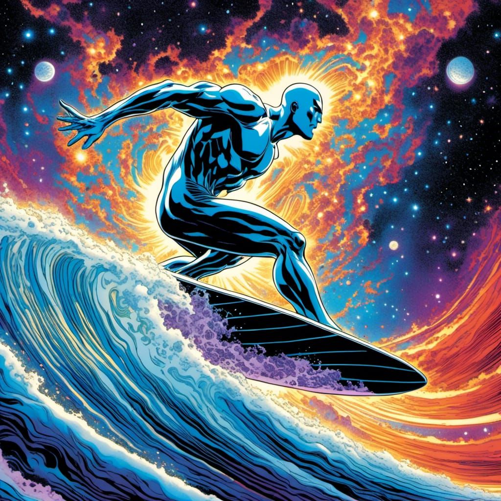 <lora:NC Hyperreal:1.0> Marvel Comics The Silver Surfer surfing on a Cosmic Wave