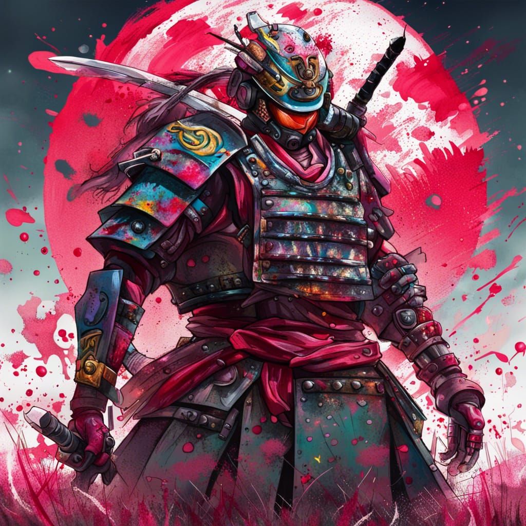 Cyborg Samurai on Battlefield in Graffiti Art Style