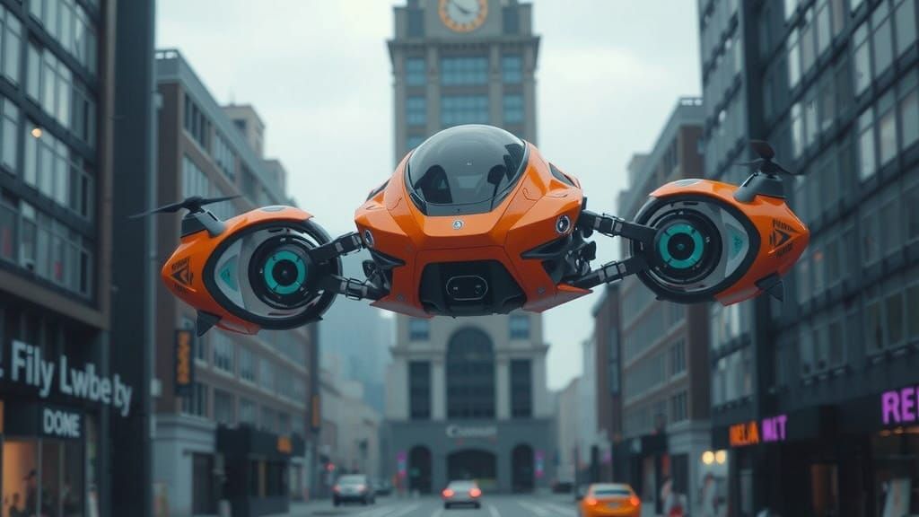 Surreal Futuristic Hoverbike Sails Above City Streets in Pho...