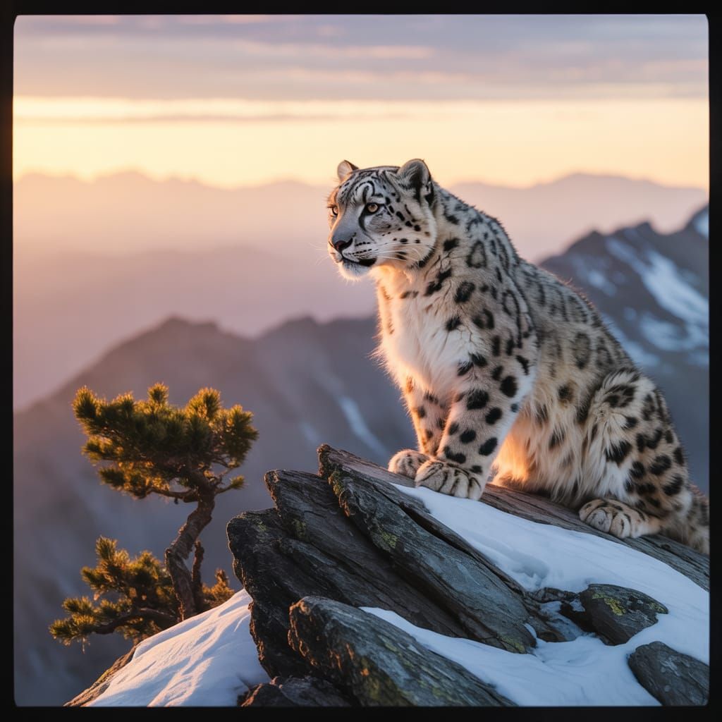 Snow Leopard on Mountain Peak at Sunset