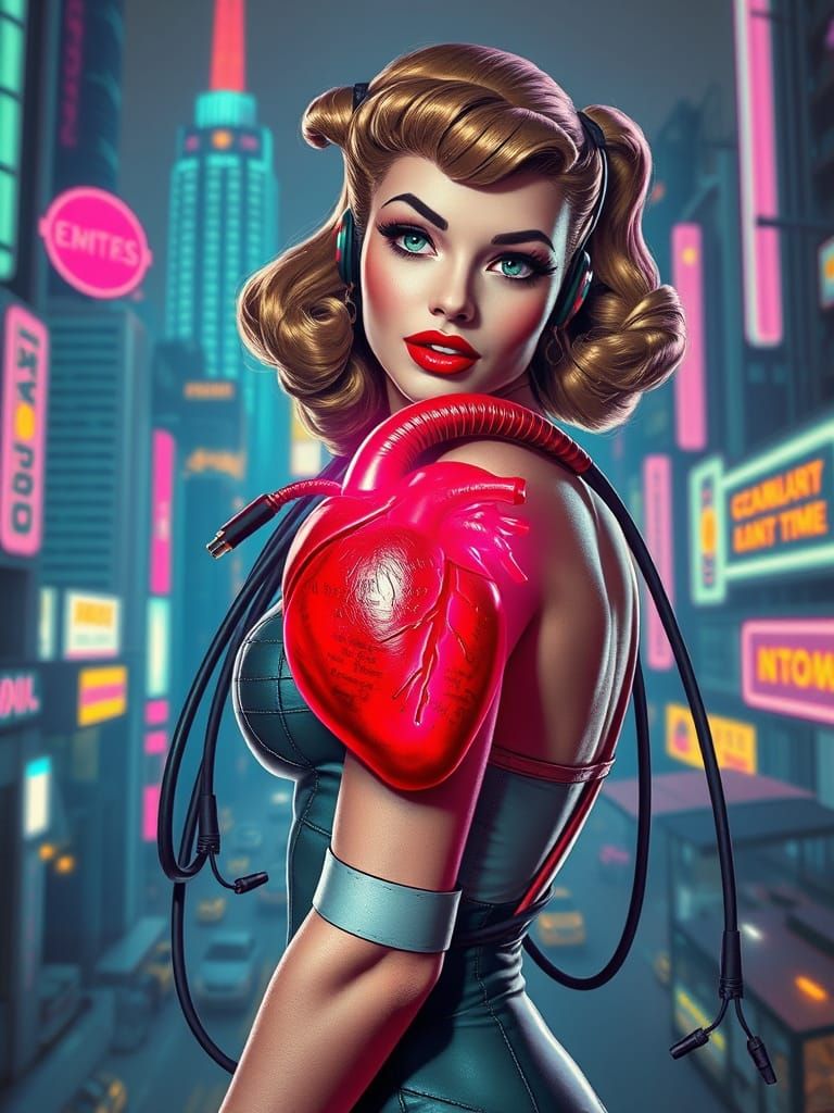 1950s Pinup Girl with Cyberpunk Heart in Neon City