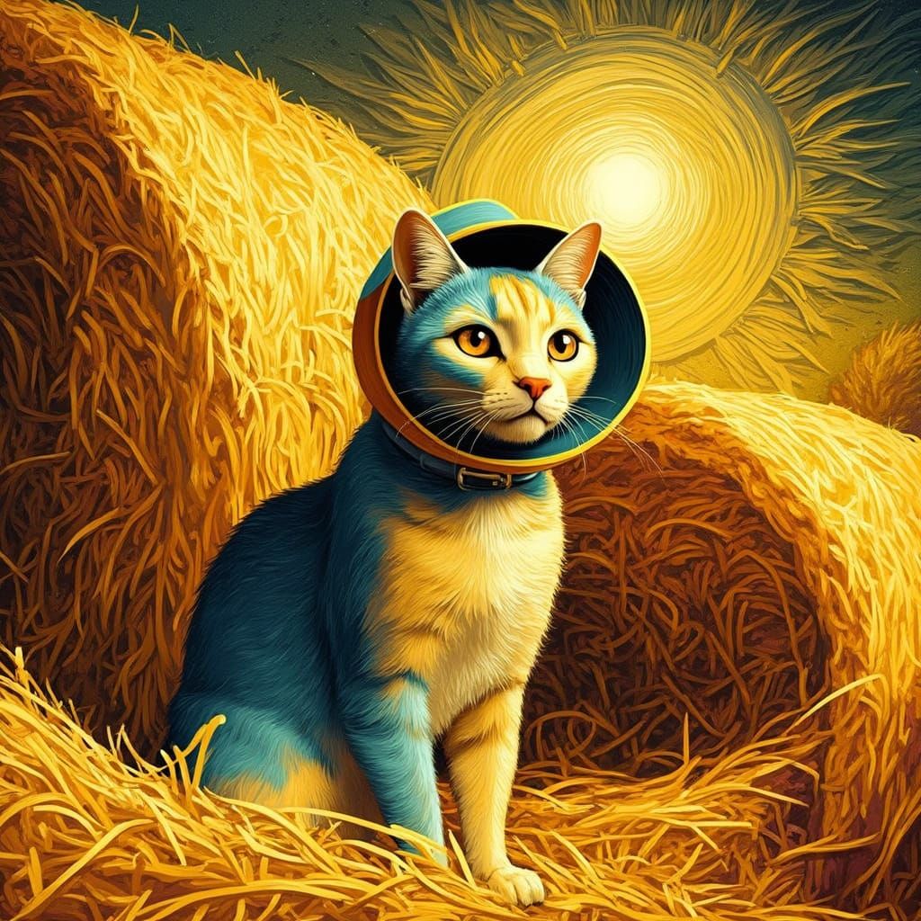 Whimsical Cat in Attic Window, Surrealist Cubist Style