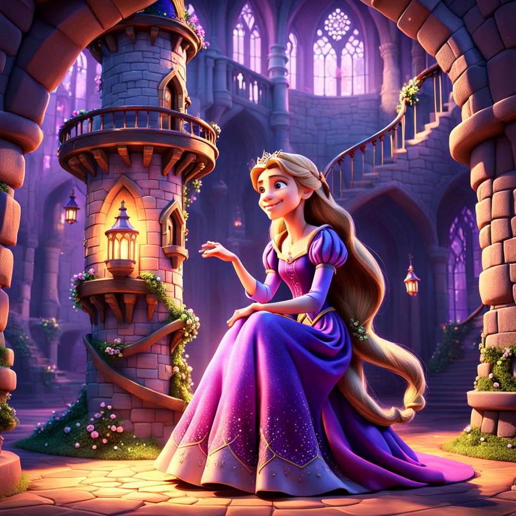 Rapunzel in Enchanted Tower: 3D Digital Art