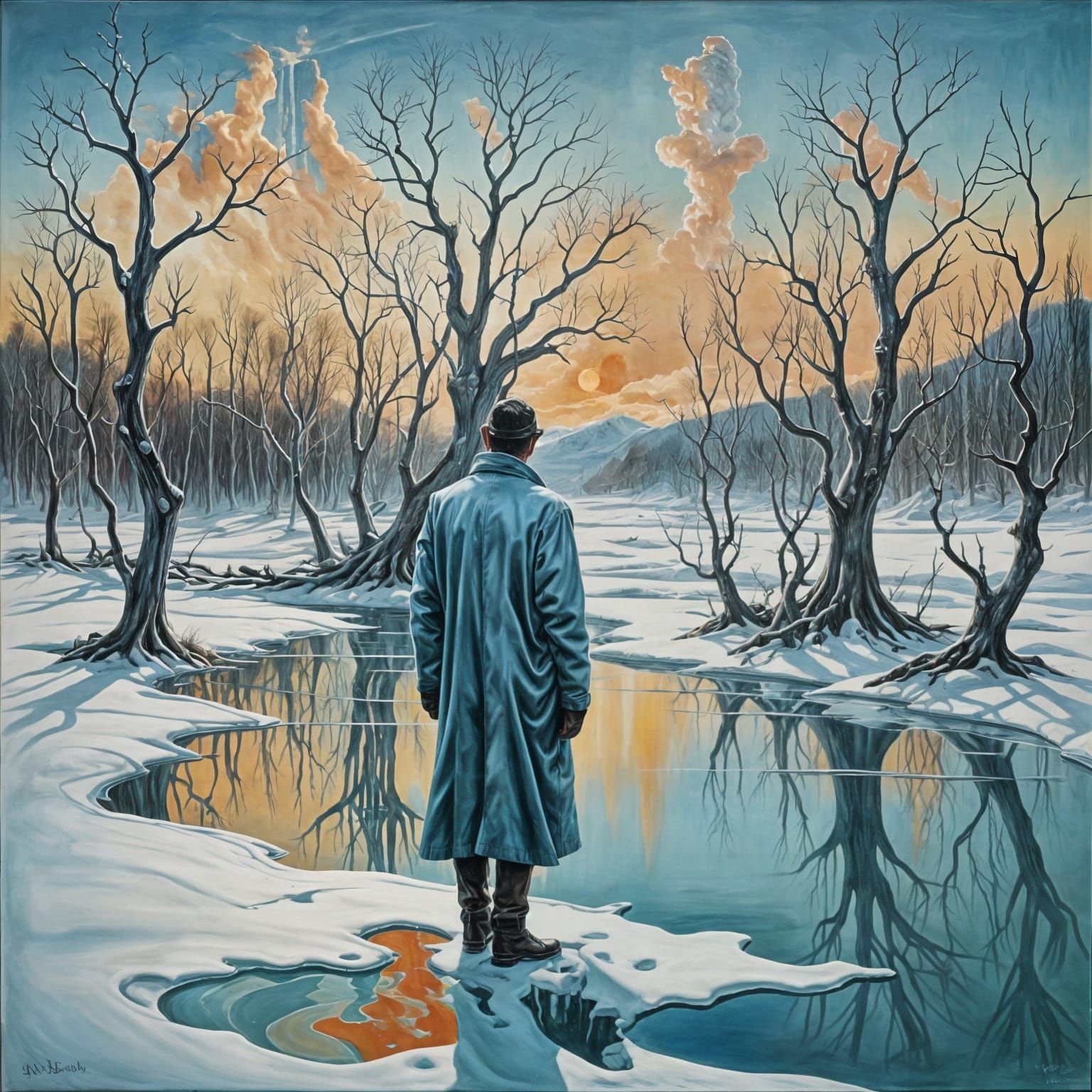 Surrealist Post-Apocalyptic Winter Scene in Oil on Canvas
