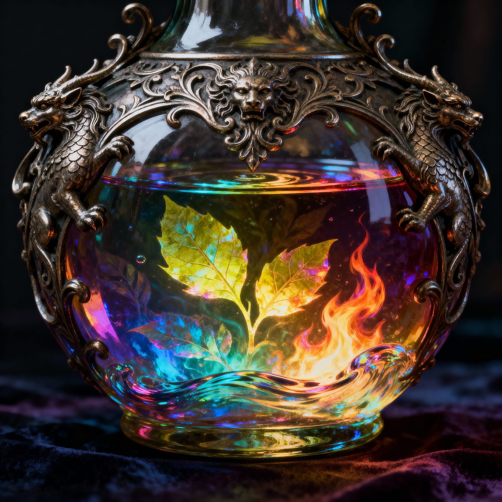 Mysterious Iridescent Wine Bottle with Fiery Motifs