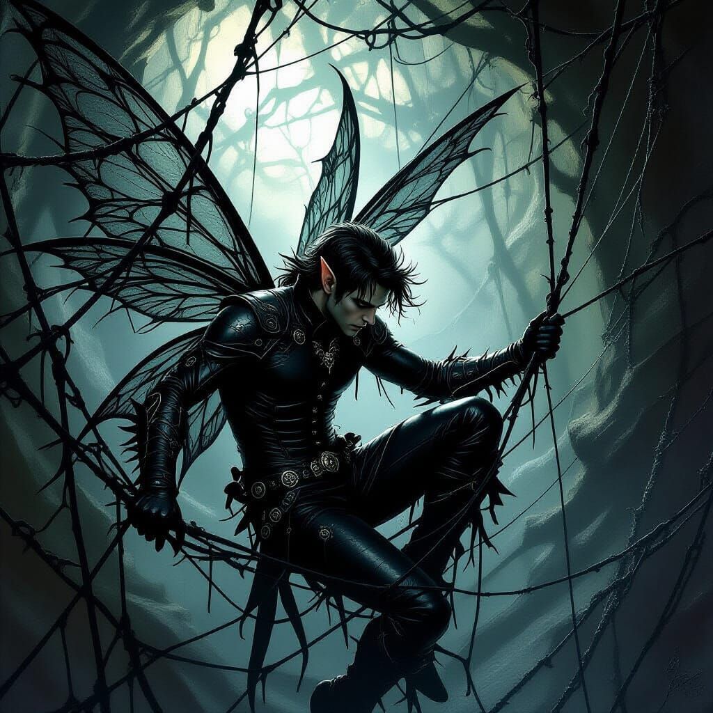 Male Leather Fairy Trapped in Spider Web
