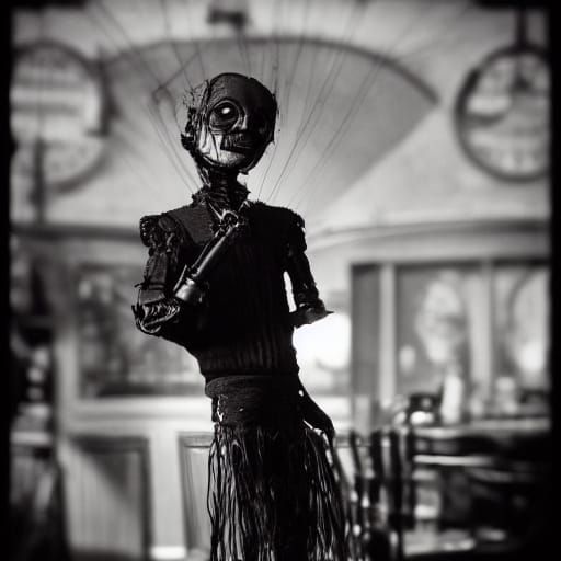 Goth Ventriloquist Dummy in Moody Coffee Shop