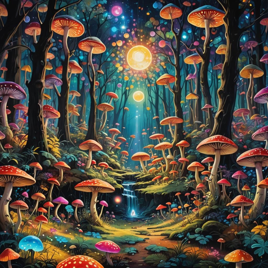 Glowing Magic Mushroom Forest Under Disco Ball Moon