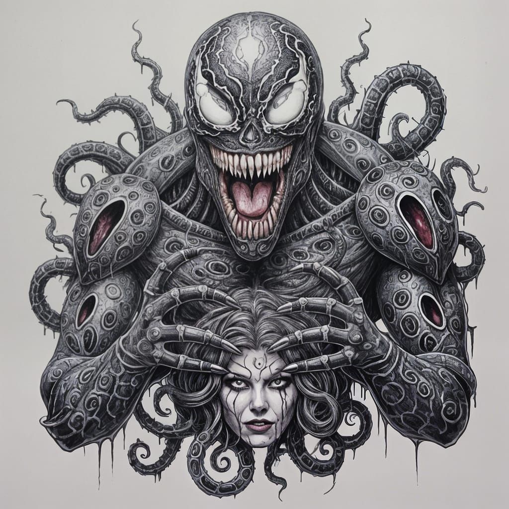 Scary Creature Tattoo Drawing with Medusa Head