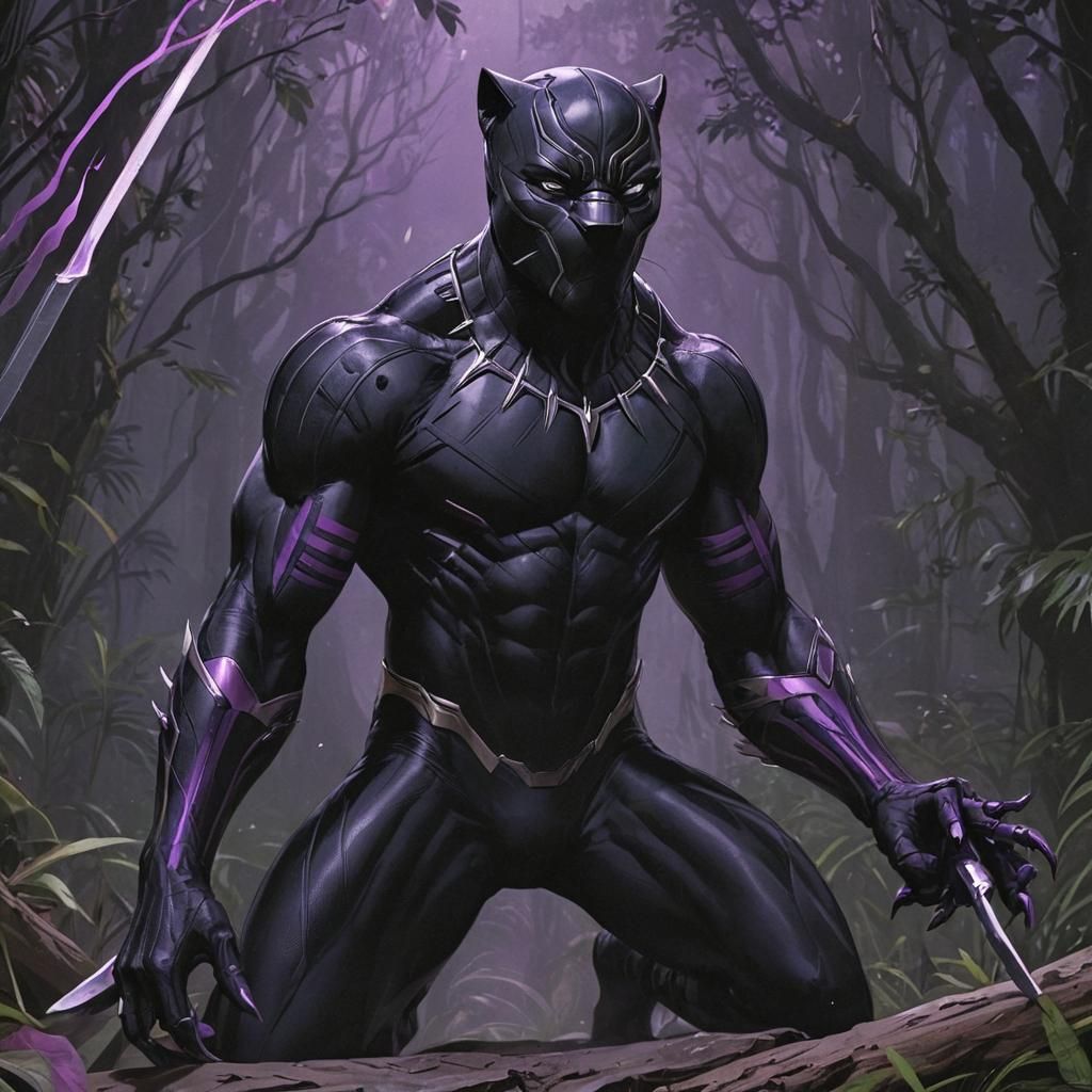 Black Panther with Purple Stripes in Comic Art Style