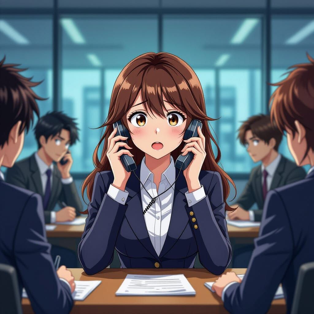 Stressed Secretary in Anime Comic Style