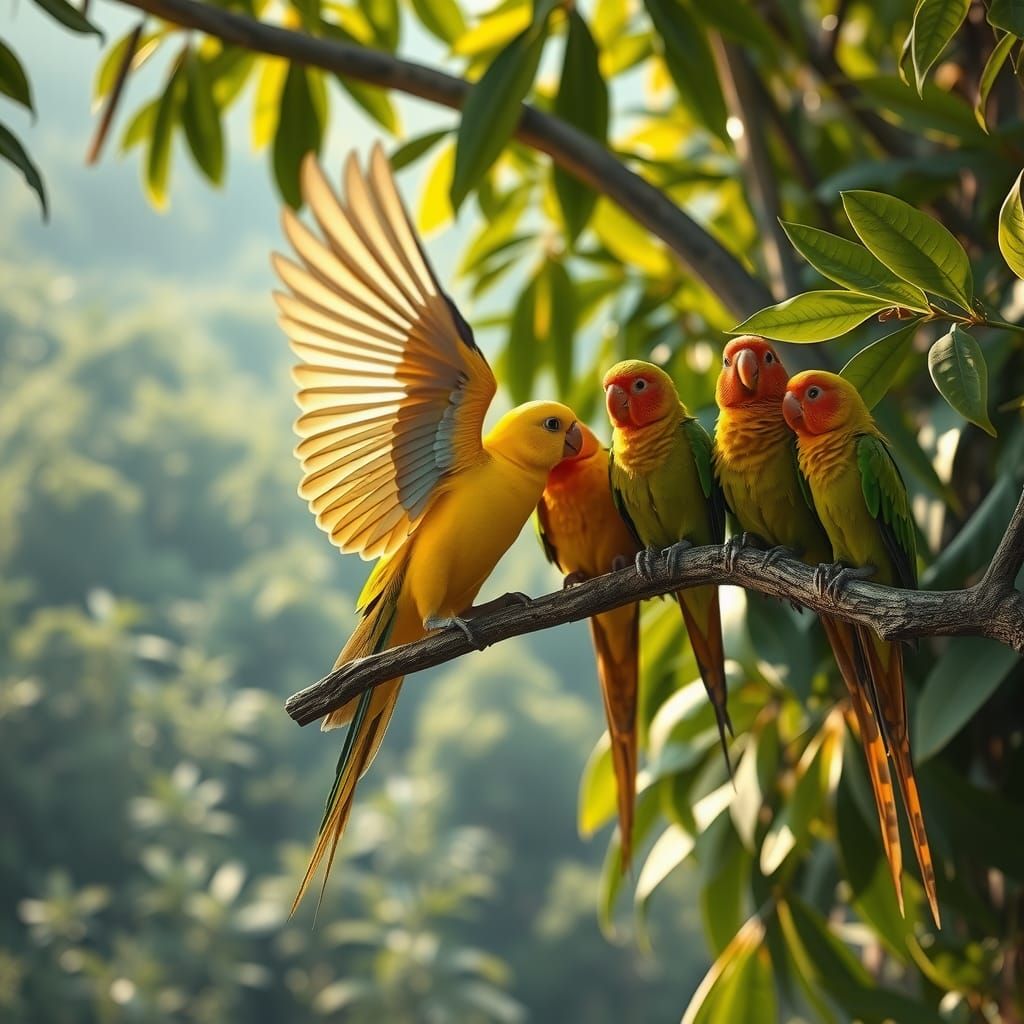 Parakeet Flight in Hyperrealistic Suriname Landscape