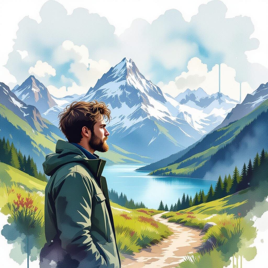 Mountain Man: Watercolor Landscape Silhouette Art