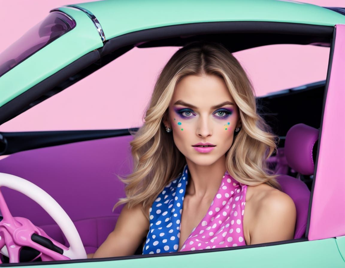 Polka Dot Woman Drives Matching Sports Car
