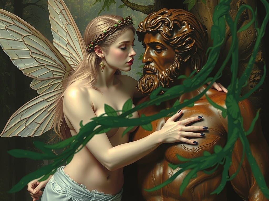 Fairy Woman and Adonis Statue in Enchanted Forest