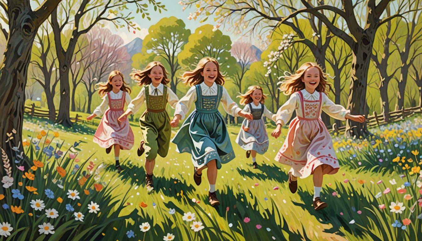 Joyful Easter Meadow Chase in Impressionist Folk Art