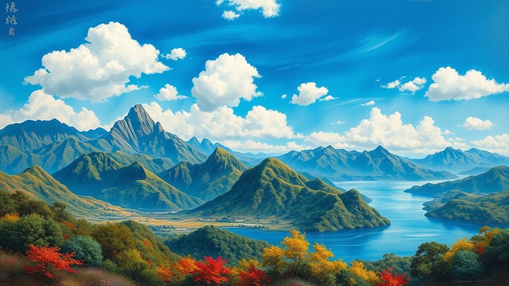 Majestic Chinese Landscape in Expressive Oil Painting