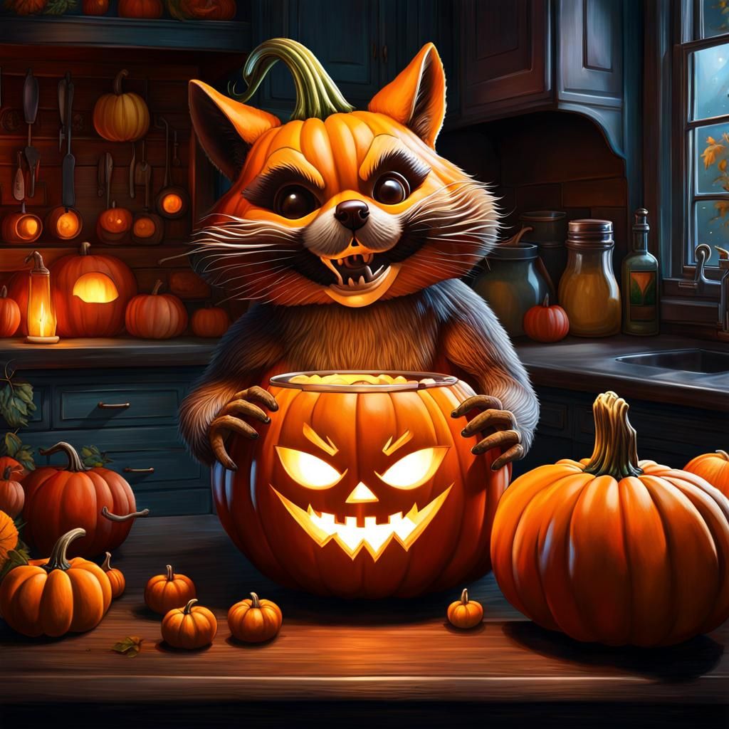 Pumpkin Racoon Carving a Jack-o-lantern