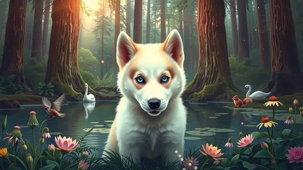 Enchanted Alaskan Husky Puppy Amidst Redwood Giants