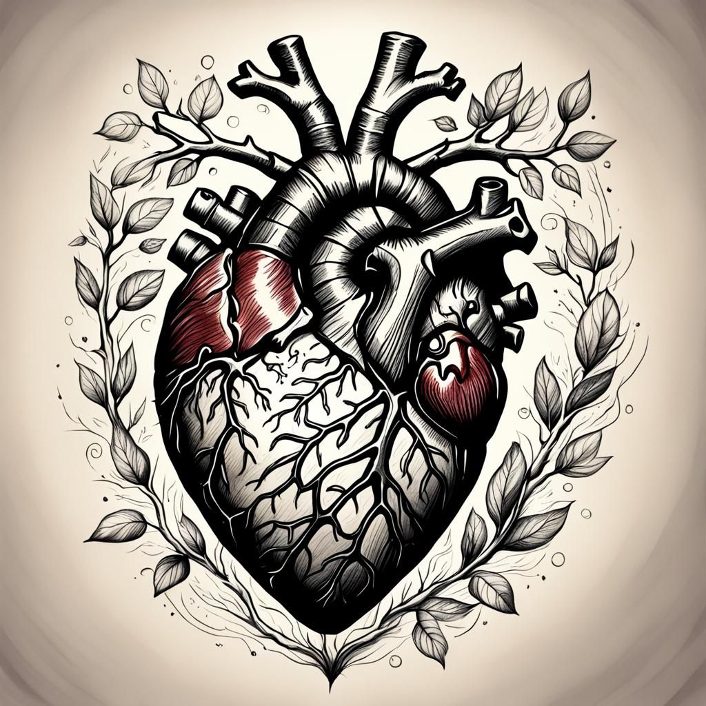 Surreal Anatomical Heart Drawing in Watercolor Style