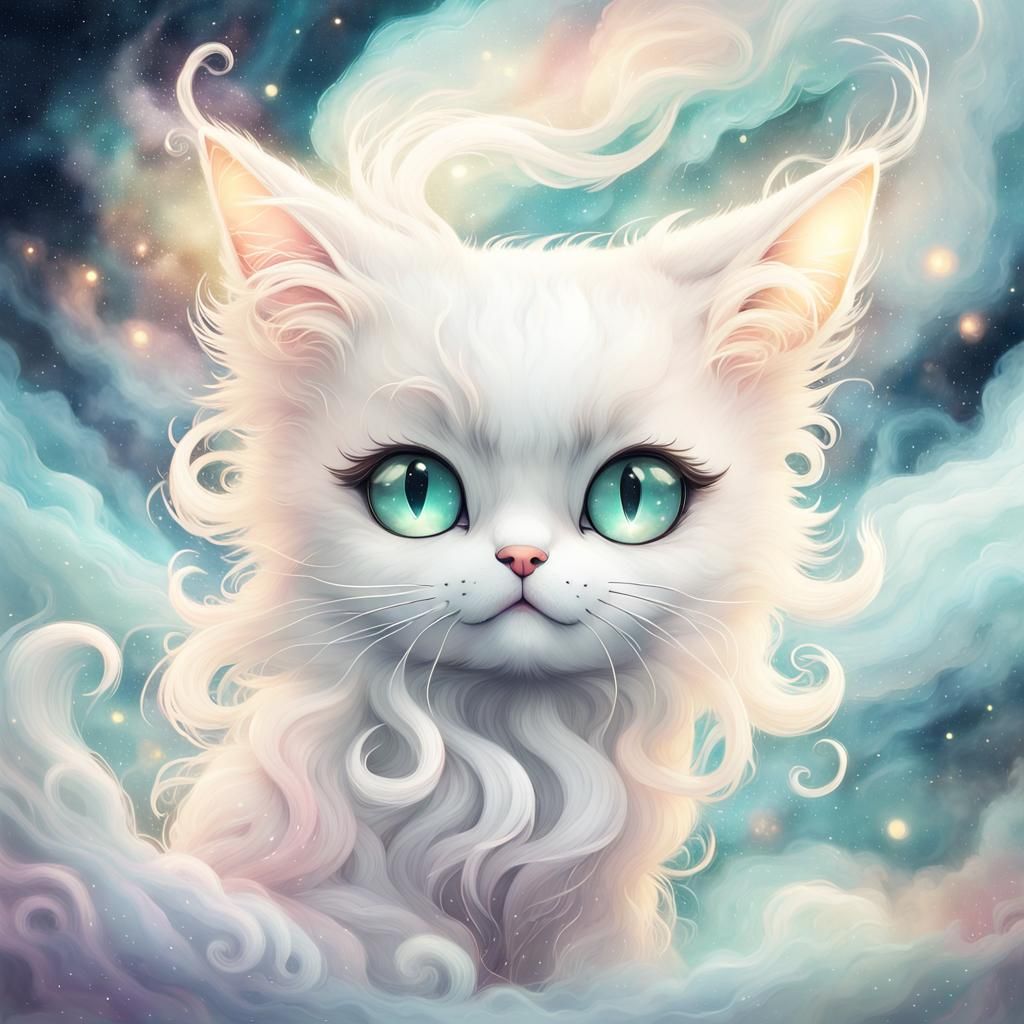 Fluffy White Cat with Glitter in Digital Watercolor