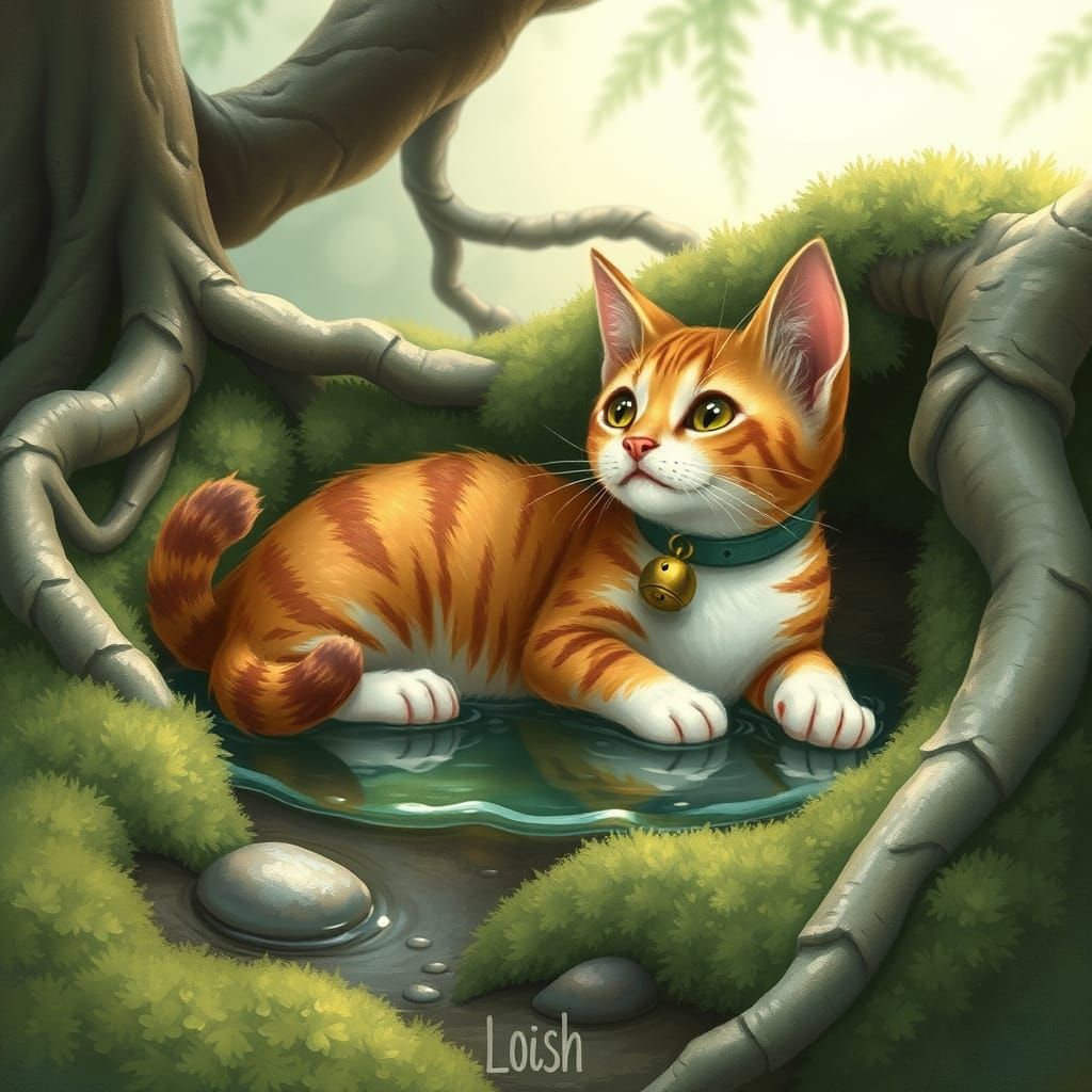 Cat in Puddle Surrounded by Mossy Roots