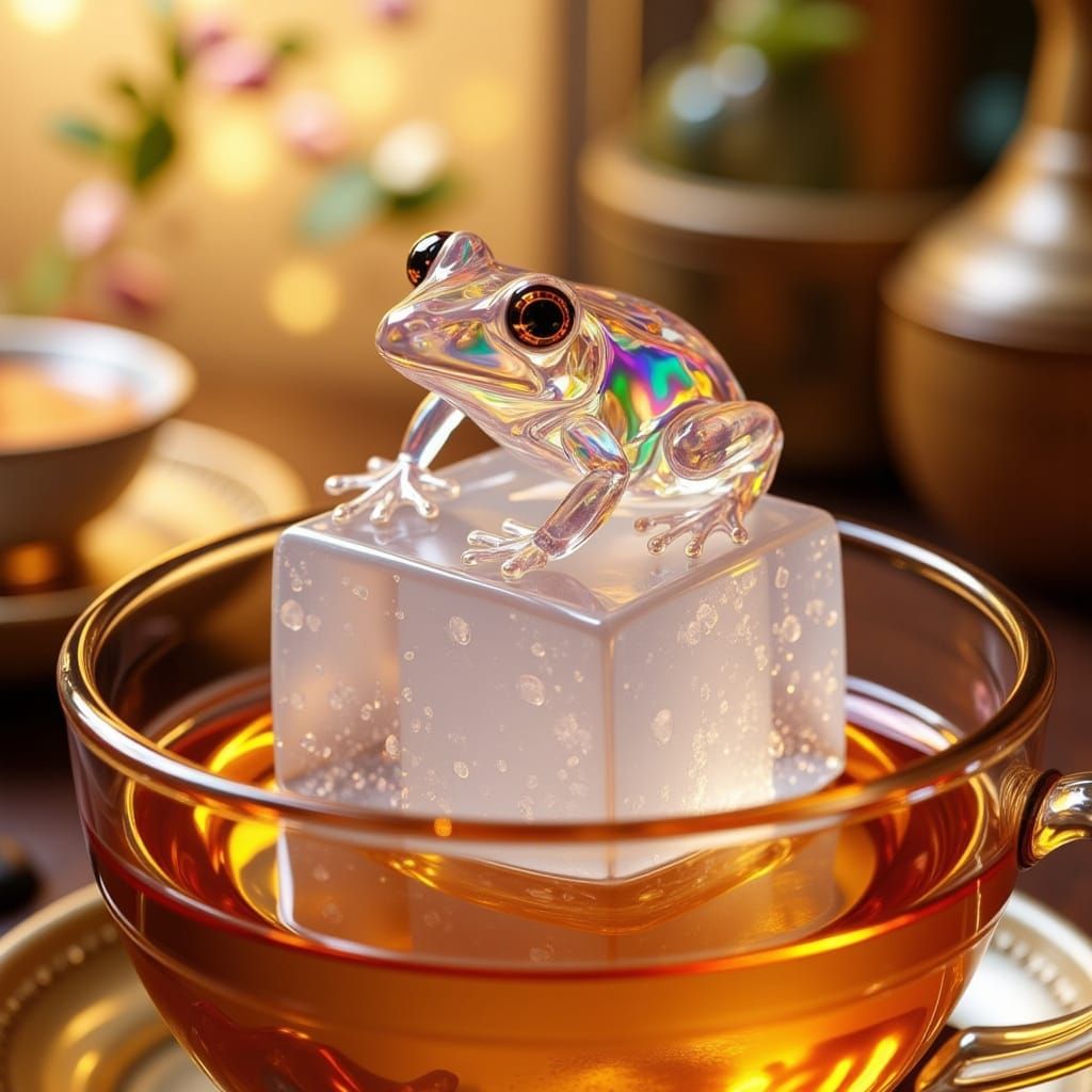 Glass Frog on Ice in Tea Hyper-Realistic Macro Photo