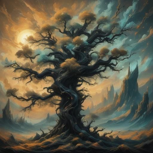 Elysian Tree with Ethereal Magic and Cosmic Landscape